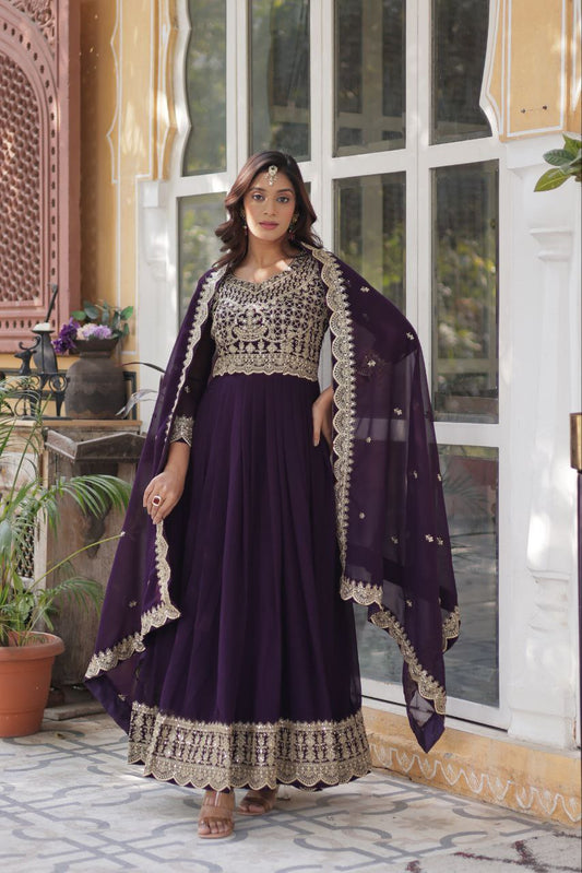 Preferable Zari Sequins Work Purple Color Gown