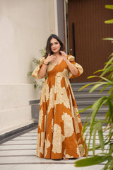 Fantastic Digital Print Work Orange Color Gown