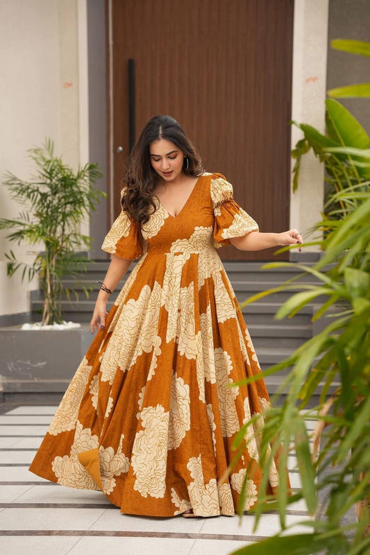 Fantastic Digital Print Work Orange Color Gown