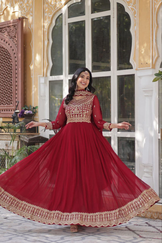 Elegant Sequins Work Maroon Color Gown With Dupatta