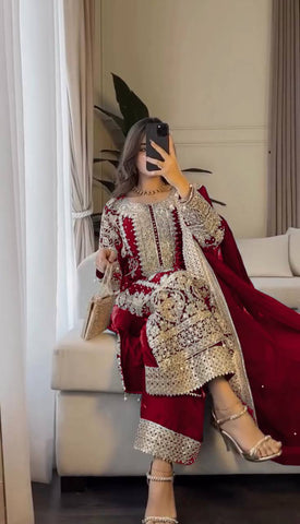 Traditional wear Red Color Georgette Revet Moti Salwar Suit