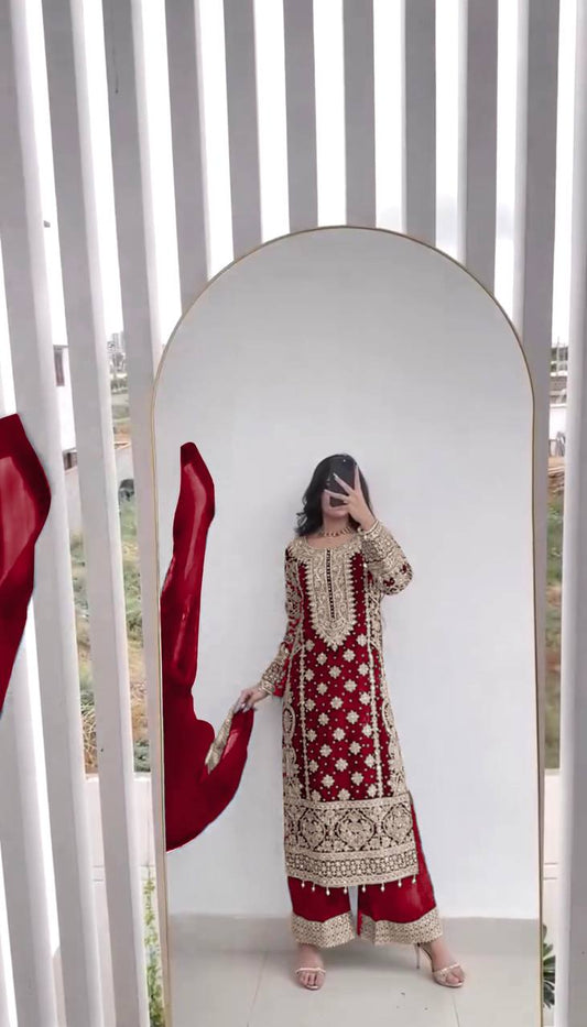 Traditional wear Red Color Georgette Revet Moti Salwar Suit