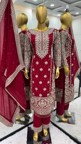 Traditional wear Red Color Georgette Revet Moti Salwar Suit