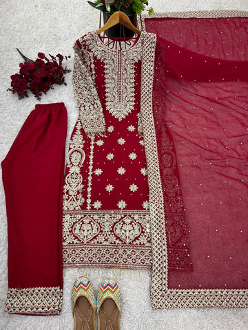 Traditional wear Red Color Georgette Revet Moti Salwar Suit