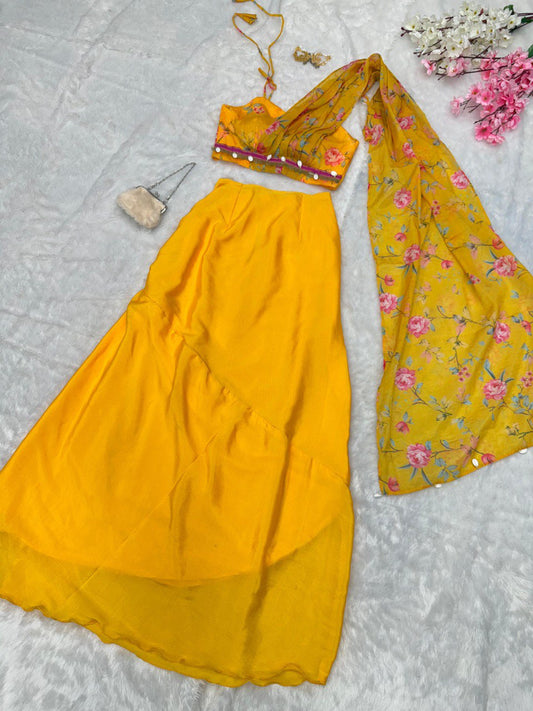 Presenting Chinnon Silk Yellow Color Skirt With Blouse