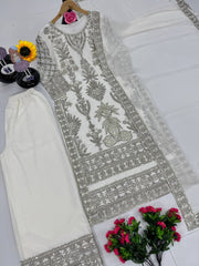 Unique Embroidery Work White Color Sharara Suit