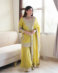 Traditional wear Lemon Color Embroidery Top Gharara With Dupatta Set