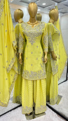 Traditional wear Lemon Color Embroidery Top Gharara With Dupatta Set