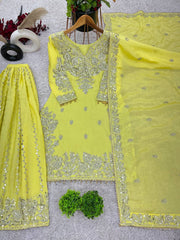 Traditional wear Lemon Color Embroidery Top Gharara With Dupatta Set