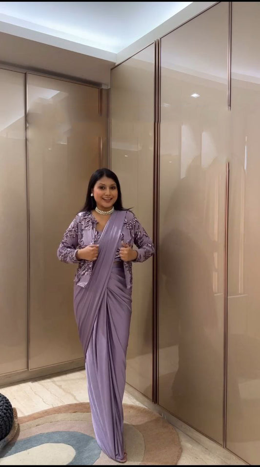 Wedding & Party Wear Embroidery Sequins Work Lavender Color Ready To Wear Saree