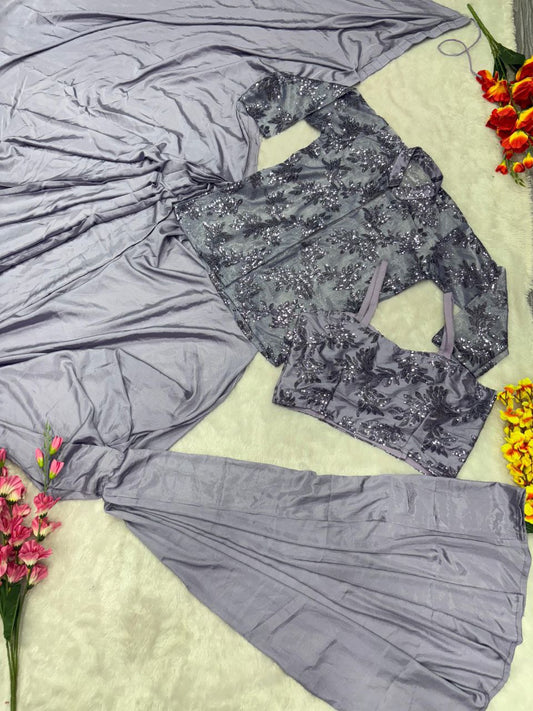 Wedding & Party Wear Embroidery Sequins Work Lavender Color Ready To Wear Saree