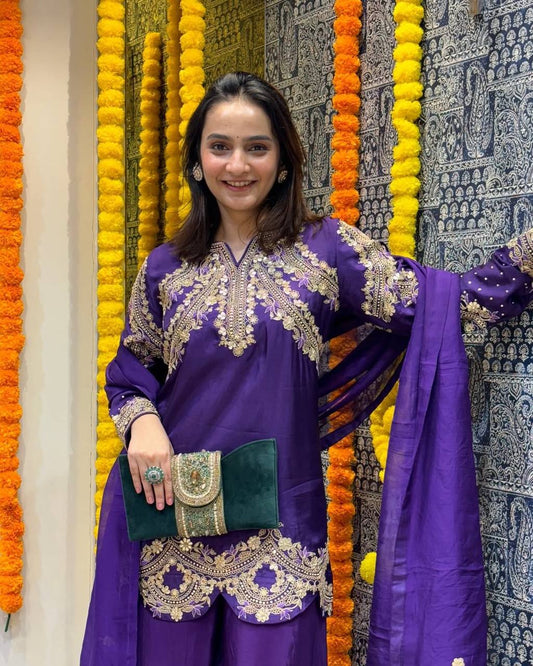 Delightful Sequence And Coding Dori Work Purple Color Sharara Suit