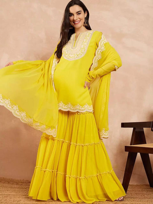 Wedding & Party Wear Georgette Yellow Color Sharara Suit