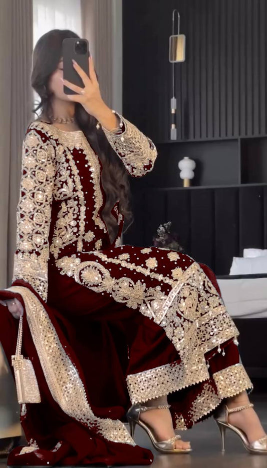 Traditional wear Maroon Color Georgette Revet Moti Salwar Suit