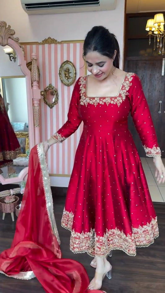 Elegant Vichitra Silk Pink Color Anarkali Gown