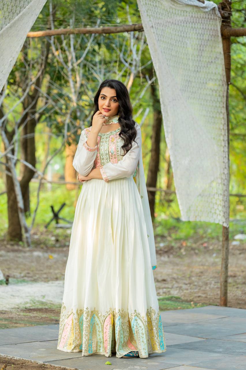 Beautiful Sequence Work Chinon Silk White Color Gown