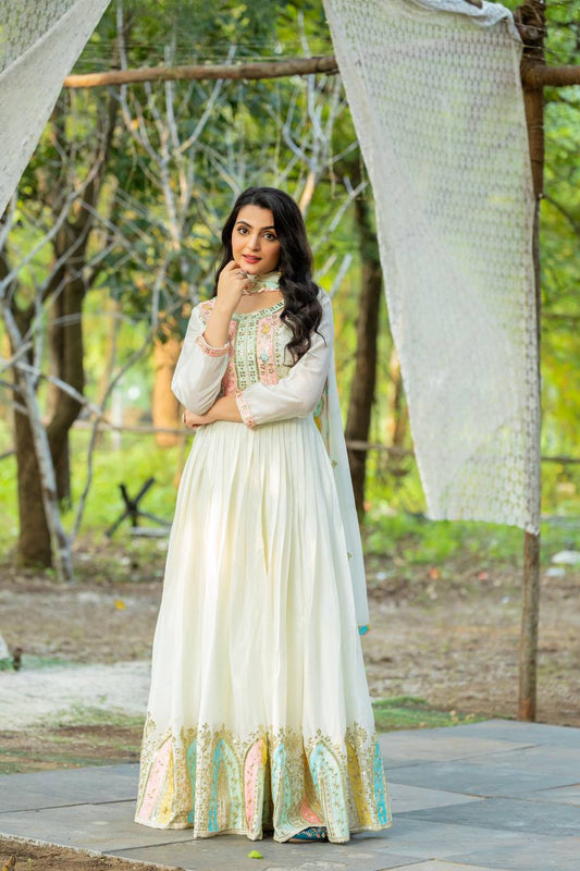 Beautiful Sequence Work Chinon Silk White Color Gown