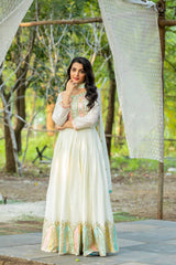 Beautiful Sequence Work Chinon Silk White Color Gown