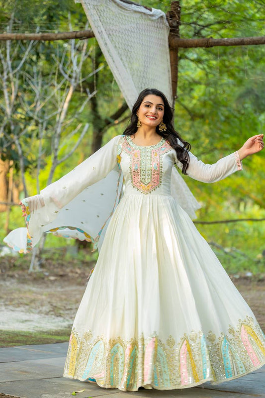 Beautiful Sequence Work Chinon Silk White Color Gown