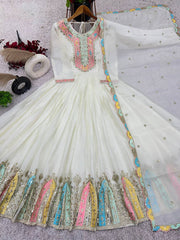 Beautiful Sequence Work Chinon Silk White Color Gown