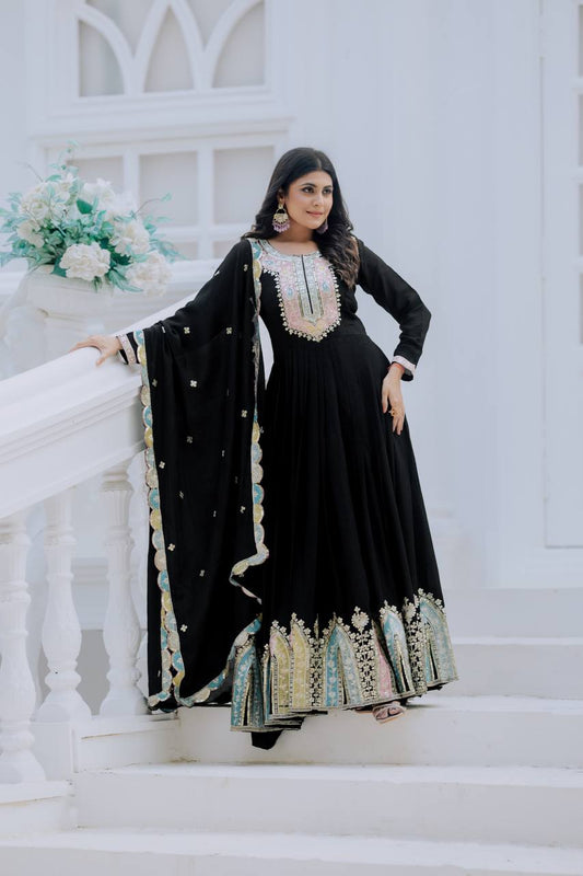 Beautiful Sequence Work Chinon Silk Black Color Gown