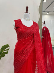 Wedding & Party Wear Soft Net Red Color Saree