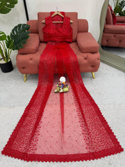 Wedding & Party Wear Soft Net Red Color Saree