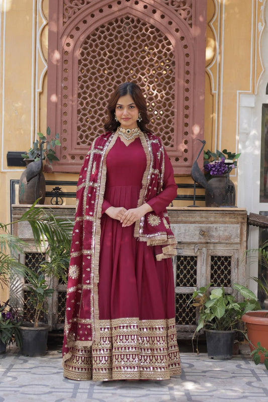 Designer Embroidery Zari Sequins Work Maroon Color Gown With Dupatta