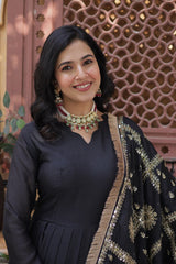Designer Embroidery Zari Sequins Work Black Color Gown With Dupatta