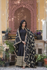 Designer Embroidery Zari Sequins Work Black Color Gown With Dupatta