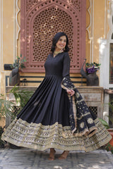 Designer Embroidery Zari Sequins Work Black Color Gown With Dupatta