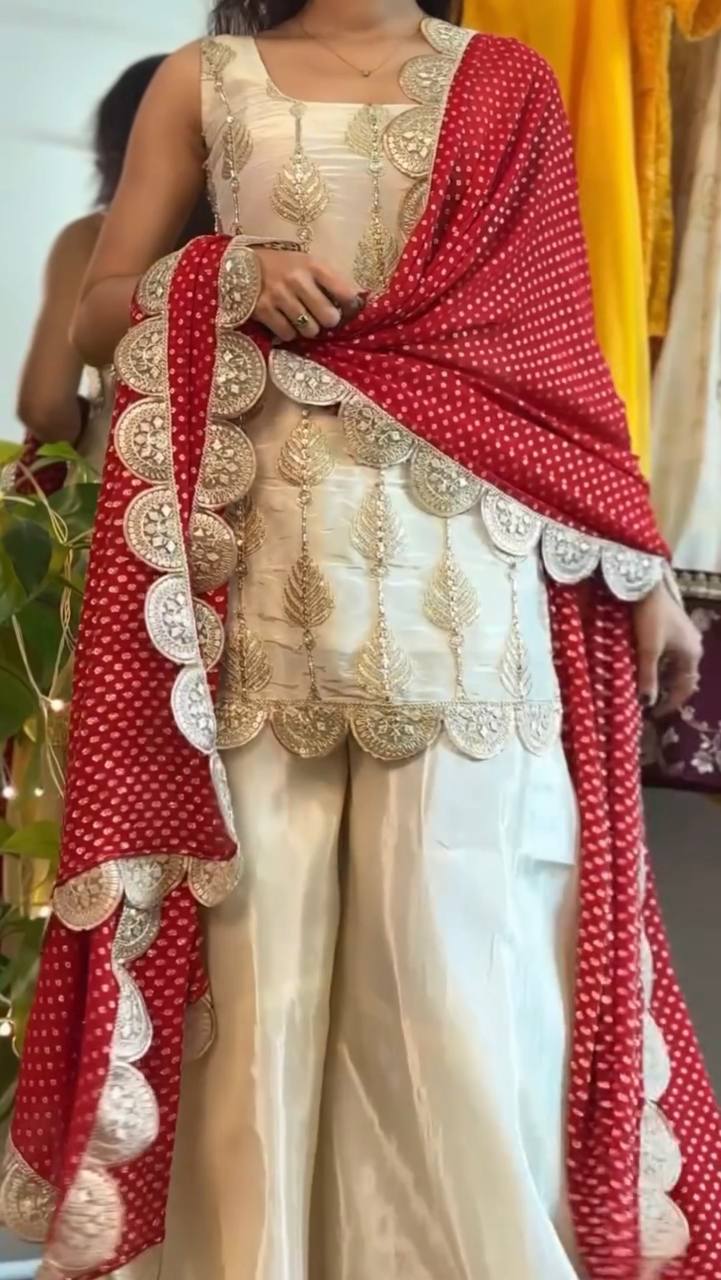 Gorgeous Sequence Work Cream Color Sharara Suit
