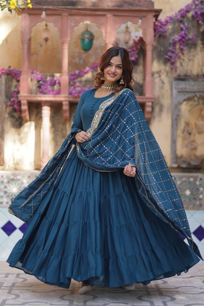 Party Wear Embroidered Work Blue Color Gown With Dupatta