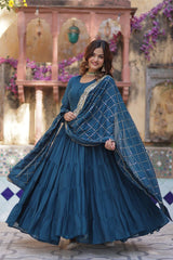 Party Wear Embroidered Work Blue Color Gown With Dupatta