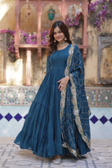 Party Wear Embroidered Work Blue Color Gown With Dupatta