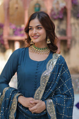 Party Wear Embroidered Work Blue Color Gown With Dupatta
