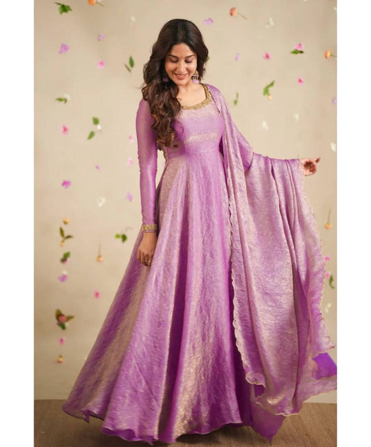 Decent Embroidery Lavender Color Anarkali Gown with Dupatta