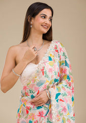 Party Wear Georgette Digital Prints Cream Color Saree