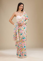 Party Wear Georgette Digital Prints Cream Color Saree