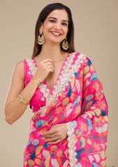 Party Wear Georgette Digital Prints Pink Color Saree