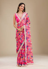Party Wear Georgette Digital Prints Pink Color Saree