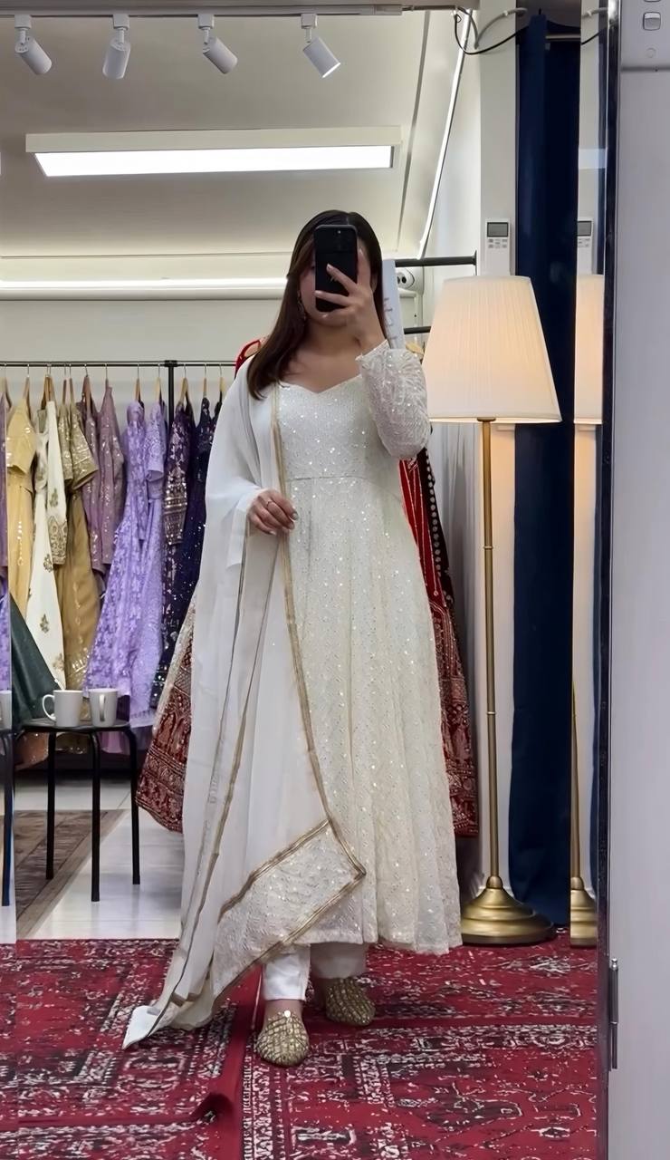 Mesmerizing Blooming Embroidered Work White Color Gown