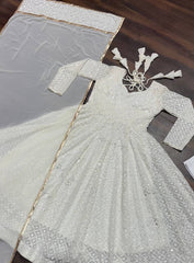 Beautiful Blooming Embroidered Work White Color Gown