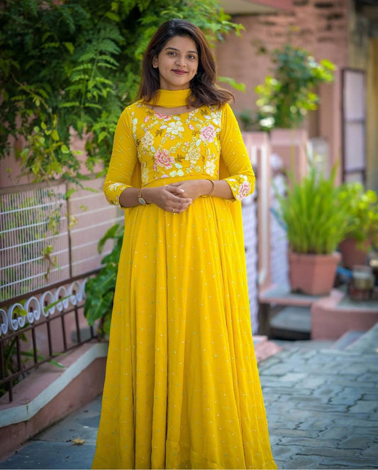 Flattering Georgette Sequence Work Yellow Color Gown