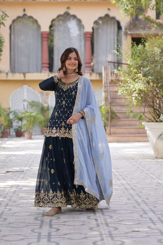Marriage Special Sequins Embroidered Work Navy Blue Color Sharara Suit