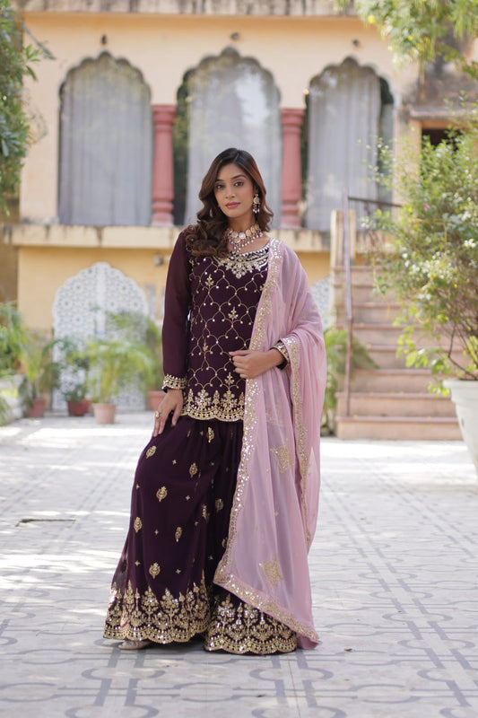 Marriage Special Sequins Embroidered Work Maroon Color Sharara Suit