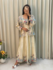 Flattering Sequence Embroidery Work Cream Color Gown With Koti