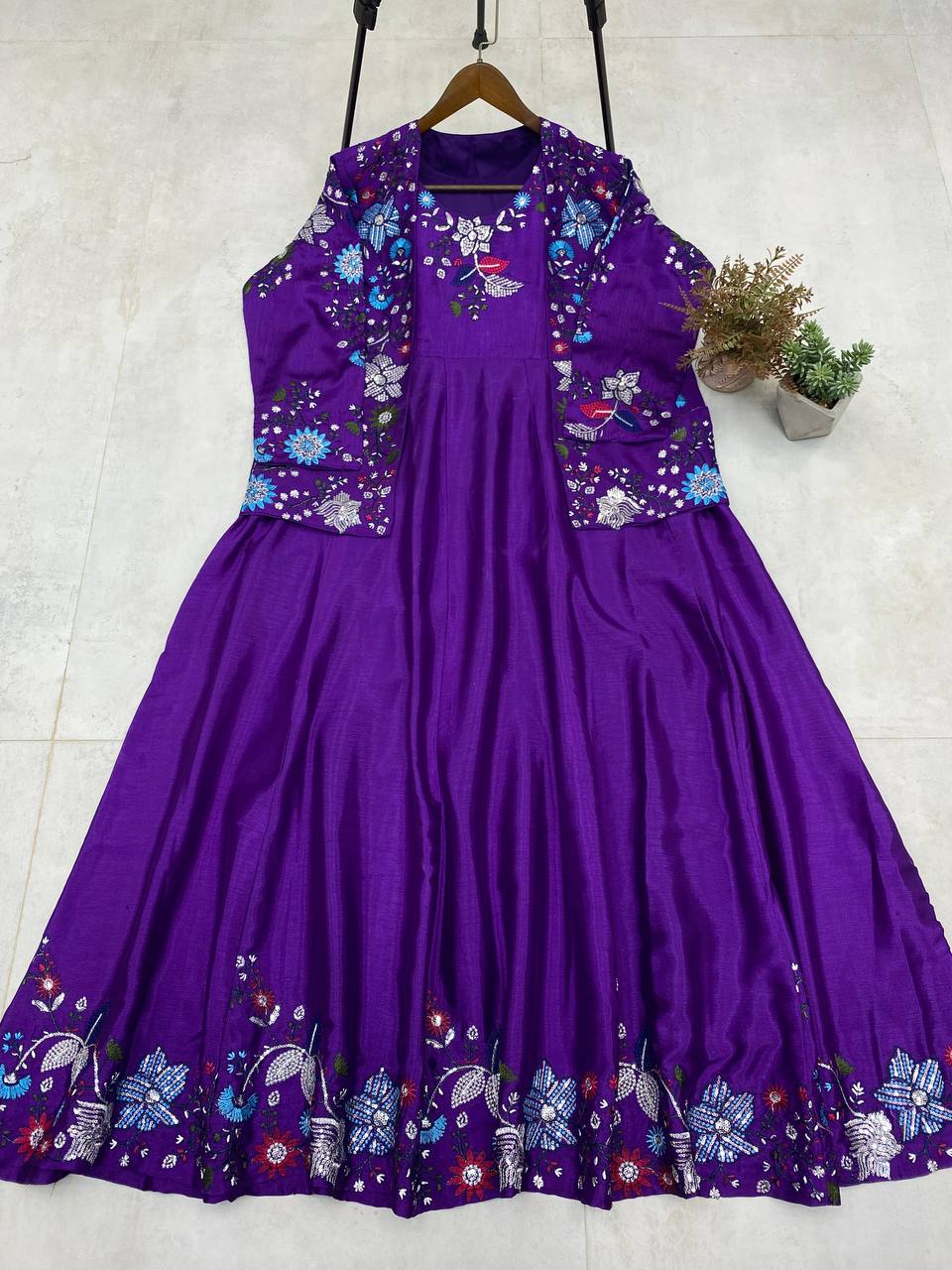 Flattering Sequence Embroidery Work Purple Color Gown With Koti
