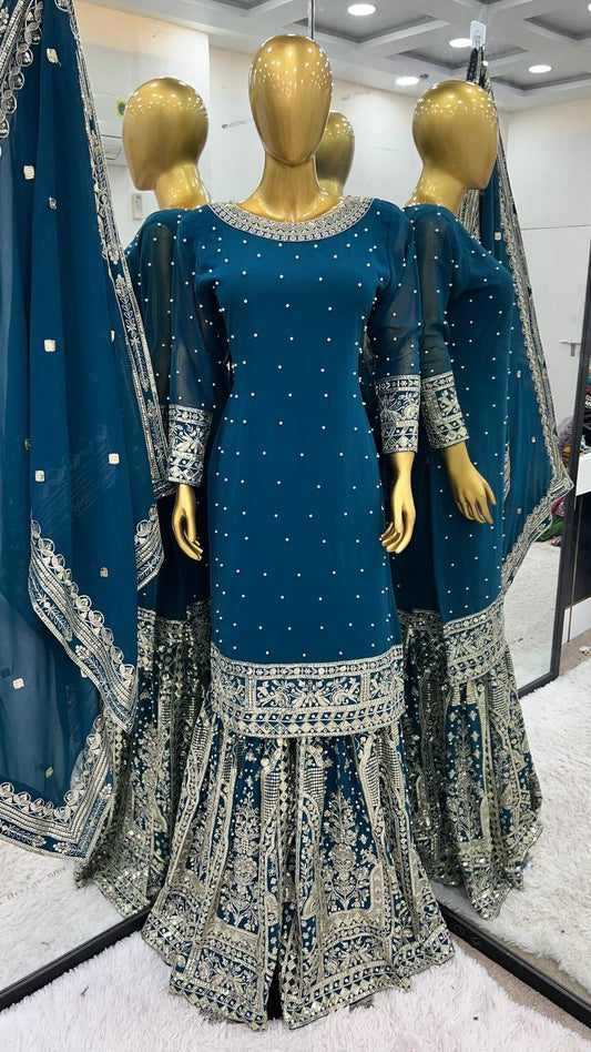 Adorable Sequence Work Navy Blue Color Top Gharara With Dupatta Set