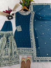 Adorable Sequence Work Navy Blue Color Top Gharara With Dupatta Set